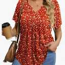 Womens Size Tunic Top Summer Short Sleeve T-Shirt V-neck Button Up Dressy Blouse Casual Pleated Pullover, L
