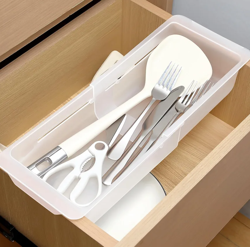 2 Pack Deep Drawer Organizer Bins, Adjustable Sliding Drawer Organizer Bin Expandable Tray for Kitchen Utensils, BBQ Tools, Towels, Durable Plastic Sliding for Easy Storage (12.4" to 18”)