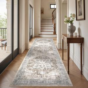Tortania Area Rug 3x10 Runner Rugs - Washable Vintage Oriental Farmhouse Thin Indoor Carpet for Living Room Bedroom Hallway Entryway Kitchen Under Dining Table Home Office - Brown Blue
