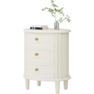 LITTLE TREE No Assembly Nightstand with 3 Drawers, Farmhouse Off-White Bedside Table for Bedroom, All Wooden Oval Nightstand with Storage, 19.68 Inches X 15.74 Inches X 25.59 Inches