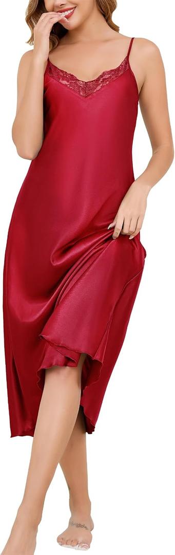 Vlazom Women's Satin Nightgowns Sexy Lingerie Long Nightgowns Satin Silk Negligee V Neck Lace Chemise Sleepwear S-XXL (Medium, Wine Red)
