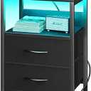 Yoobure Nightstand with Charging Station, LED Night Stand with Fabric Drawers and Storage Shelf for Bedroom, Nightstands Bedside Tables with USB Ports & Outlets, Small Night Stands, Bed Side Table 