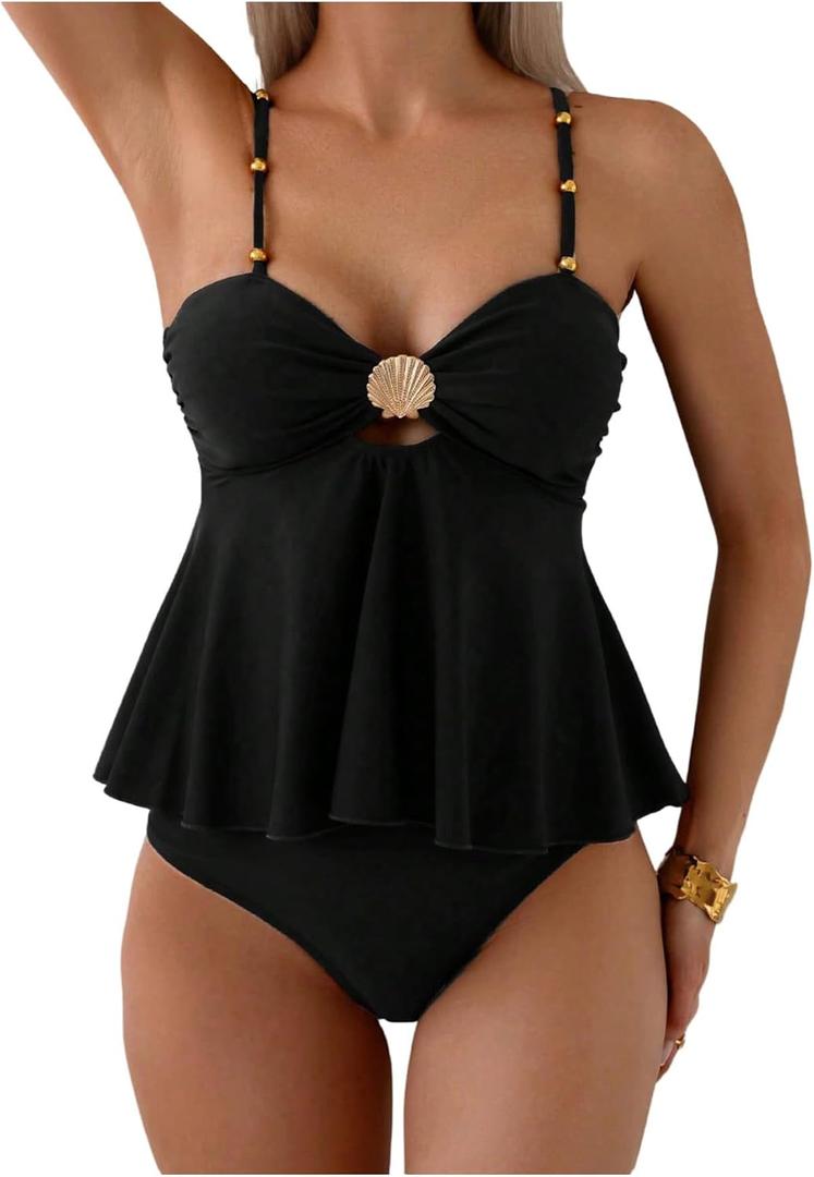 GORGLITTER Women's Tankini Swimsuits High Waisted Thong Bathing Suit Y2K Cute Cheeky Summer Beach Vacation Swim Wear (Black) M