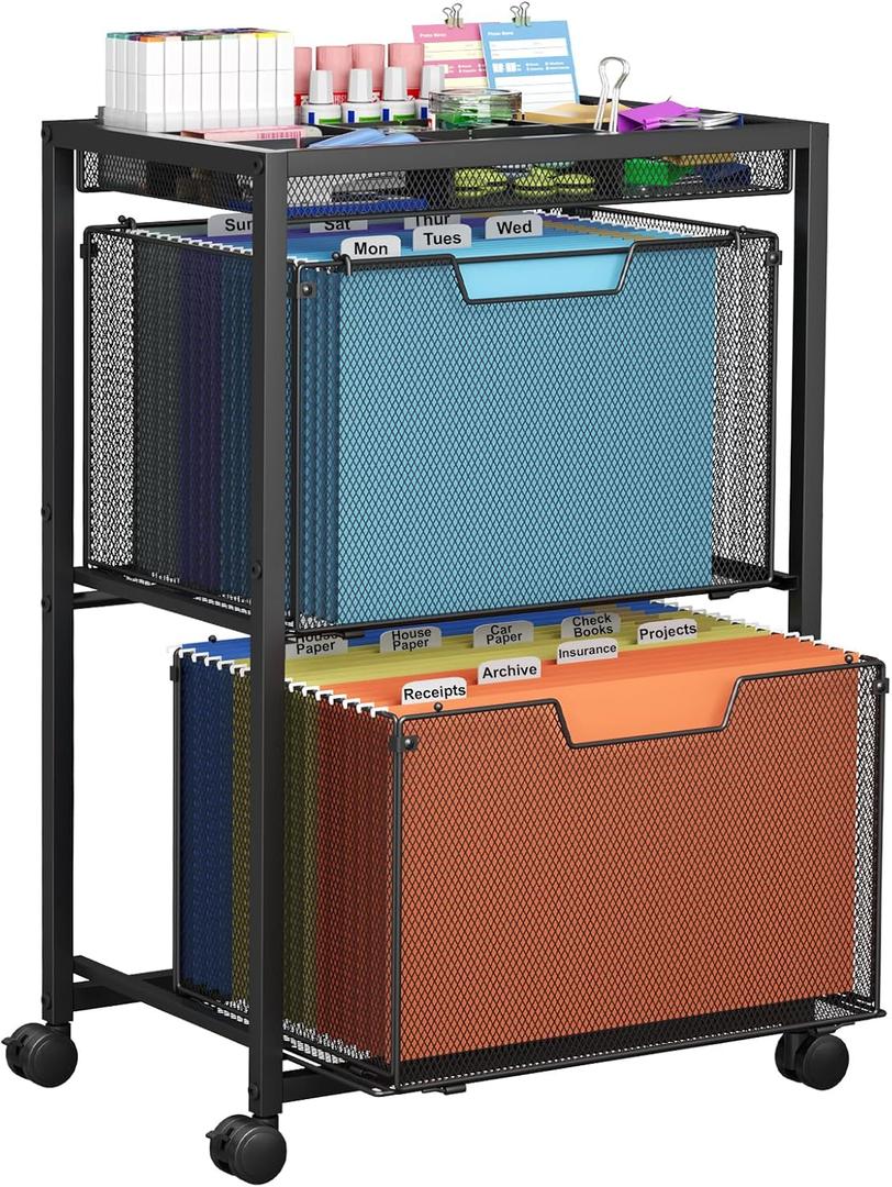 Rolling File Cart with 2 Drawers, Under Desk Storage Cabinet with DIY Divider, Letter/Legal Mobile Filling Cabinet on Wheels, Hanging File Folders Organizer, Metal Utility Cart for Home Office, Black