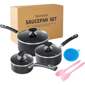 Nonstick Saucepan with Lid, Non Stick 1Qt & 2Qt & 3Qt Sauce Pan Set with Silicone Handle,Small Milk Pot with Glass Lid for Home Kitchen (Black)