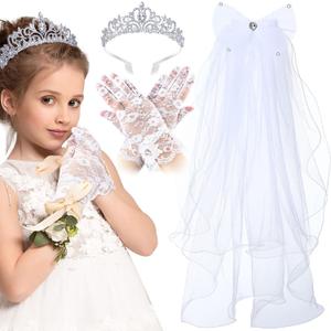 Foaincore 3 Pcs Halloween Girl White Veil Gloves Rhinestone Crown Headband Accessories Cosplay Costume First Communion Veil Wedding Party