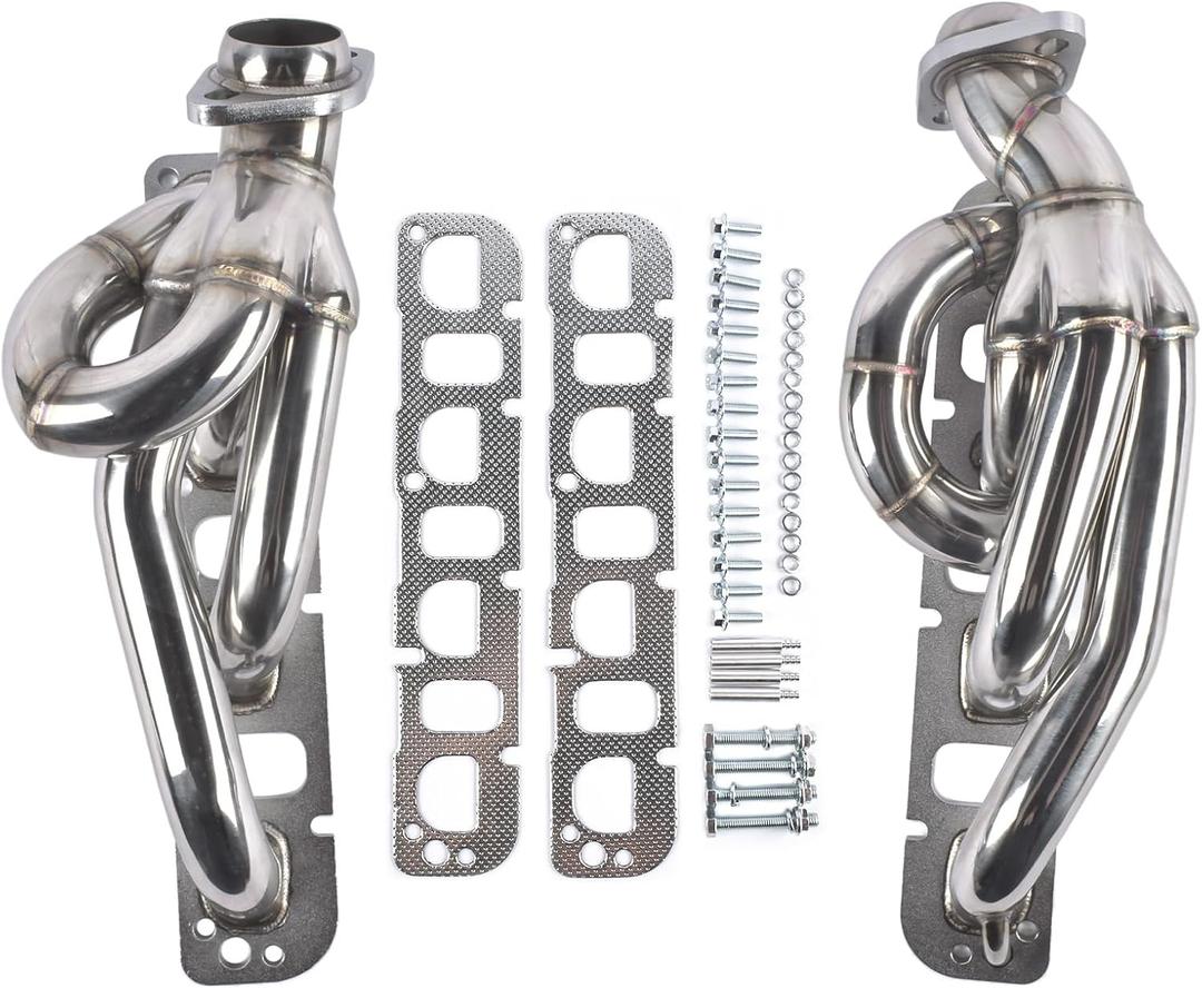 Exhaust Shorty Headers Manifold Replacement for Ram 1500 2500 3500 Pickup Truck 5.7L V8 Hemi 2003-2008 304 Stainless Steel Polished Finish
