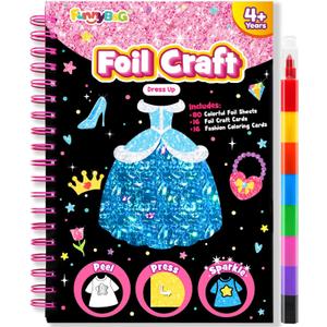 FUNNYB&G Foil Art Craft Kit for Girls 4-10 Years Old: Mess-Free & No-Glue, Create 16 Sparkly Dress Up Pictures Perfect Travel Toy & Birthday Gift for Kids (Dress Up)