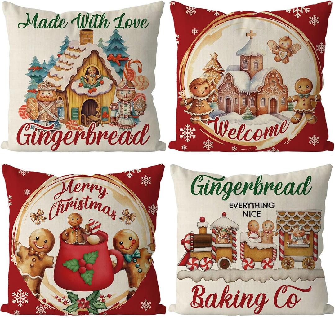 GAGEC Christmas Pillow Covers 20x20 Inch Vintage Gingerbread Red Throw Pillow Covers Christmas Xmas Winter Pillowcase Home Decor Living Room House Decorative Cushion Case for Sofa Couch