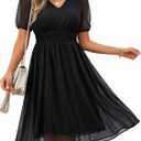 Holipick Women Summer Casual Dress Wedding Guest V Neck Short Sleeves Smocked Waist Chiffon Swing Knee Length Midi Dresses (Black, XL)