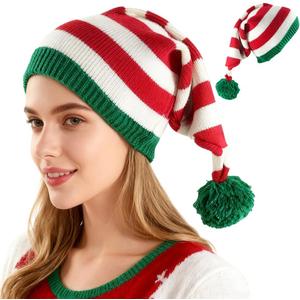 Elf Santa Beanies for Adults, Red Green White Striped Soft Knitted Christmas Hat for Xmas Holiday Party Accessories