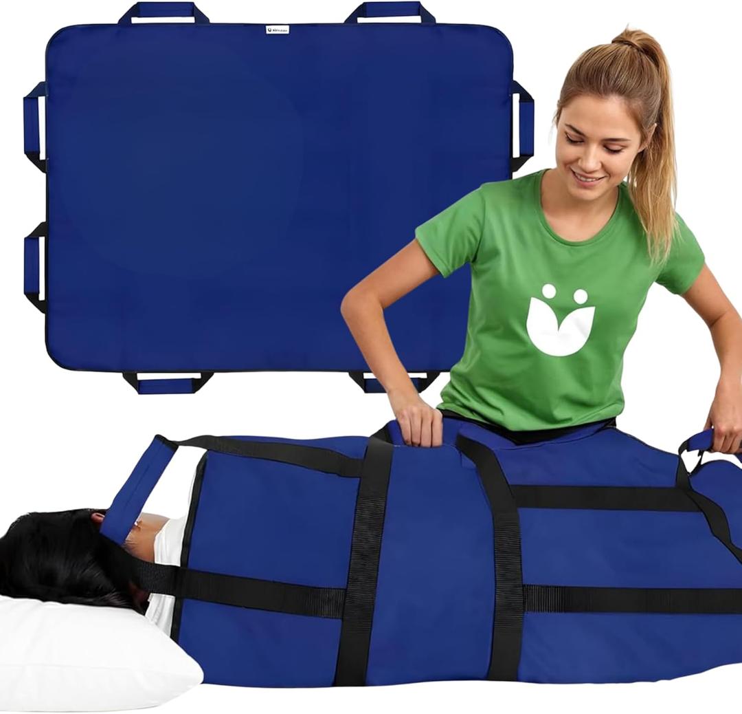 Positioning Bed Pad with 8 Reinforced Padded Handles - Washable Transfer Sheet for Lifting & Repositioning - Quick-Dry Patient Slide Blanket for Caregiver, Bedridden, Elderly - 48" x 40", Blue Ver 2