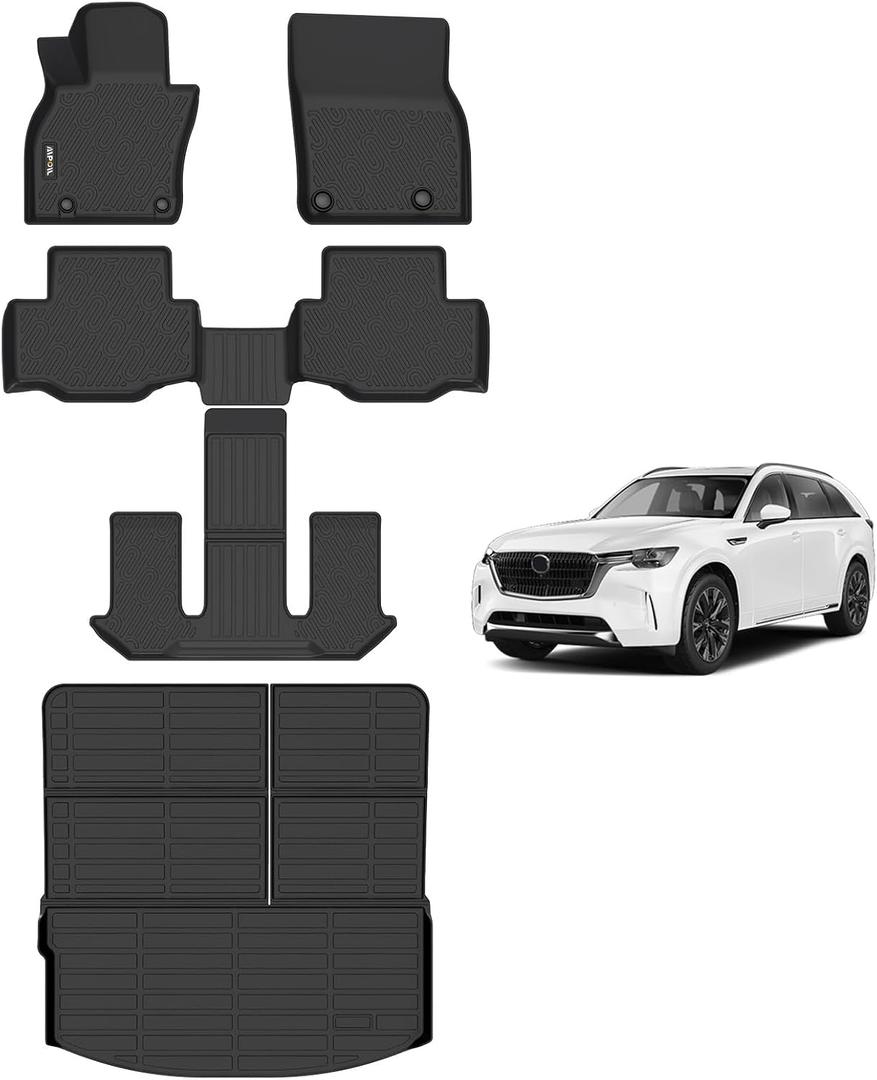 AIPOIL Floor Mats & Cargo Liner Set for 2024-2025 2026 Mazda CX90 & CX90 PHEV (7 Passengers) TPE All Weather Protection All Weather Protection Full Set Custom Car Mats Accessories - Black
