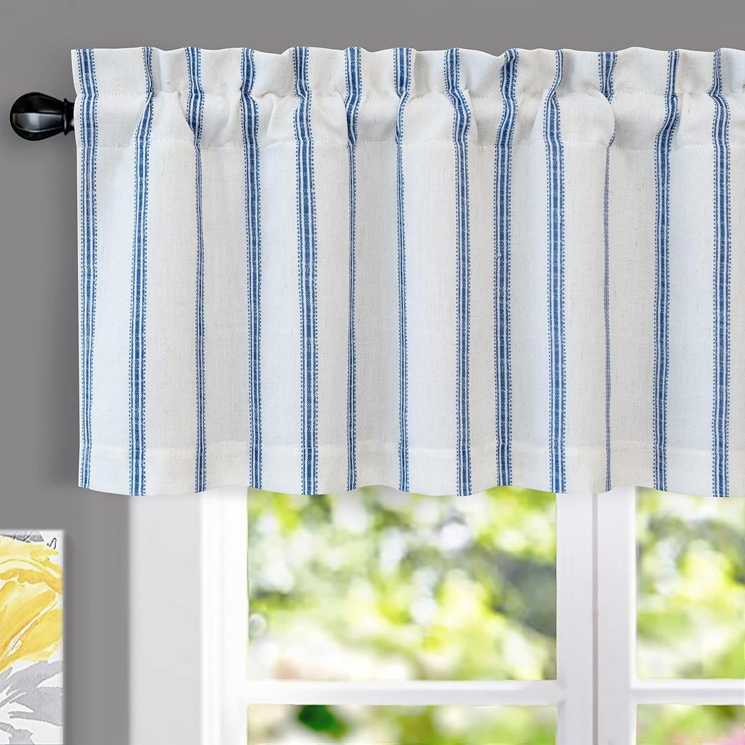 DriftAway Farmhouse Linen Lined Valance Double Layer Thermal Insulated Room Darkening Blackout Window Valances 3 Inch Rod Pocket Vertical Striped Kitchen Valance for Bathroom Single 52 x 18 Inch Navy