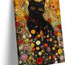 Flower Black cat wall art printing Black Cat in a room decorated with fresh flowers Cat Color plant flower Painting Living Room Bedroom Bathroom Home decoration (12x15in Framed, art)