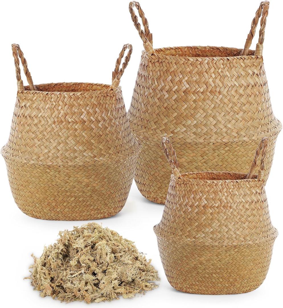 Knitgrip Large Wicker Plant Basket with Handle 10 Inch Woven Seagrass Belly Basket and Artificial Moss for House Plants Picnic Grocery Laundry Storage Home Decor(Small, Medium, Large,Original,3 Pack)
