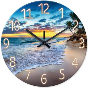 Glass Beach Wall Clocks Battery Operated 16 Inches or Larger Analog Wall Clock Silent Non Ticking Blue Wall Clock for Living Room