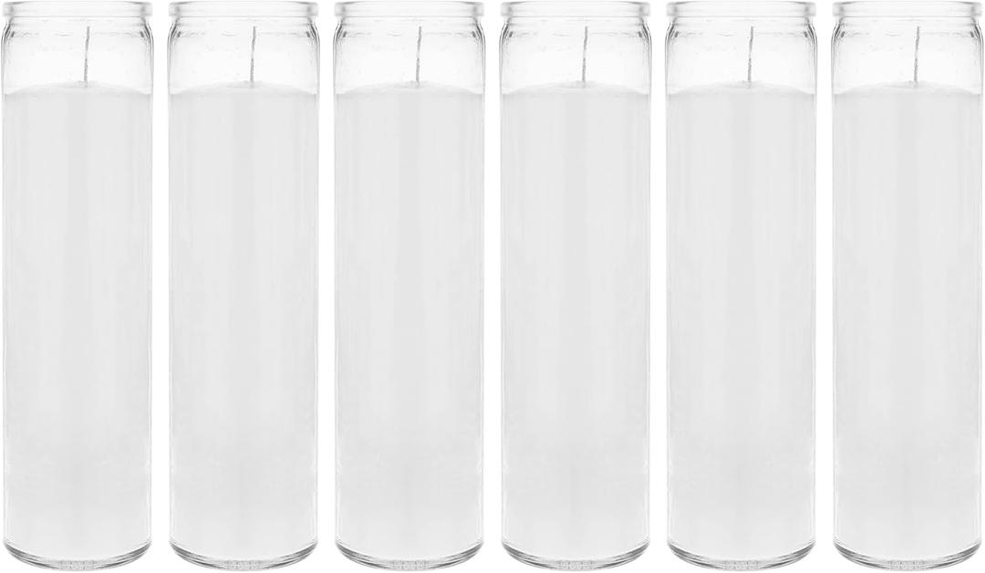 Mega Candles 6 pcs Unscented White 7 Day Glass Container Devotional Prayer Candles, Premium Wax Candle 2 Inch x 8 Inch, Sanctuary, Vigils, Prayers, Blessings, Religious, Memorials, Remembrance