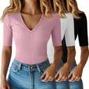 Riyiper 3 Pack Women's Half Sleeve Top Elbow Length Ribbed Cotton T Shirt Women V Neck Summer Tee Slim Fit Casual Blouses (Black, White, Pink) S