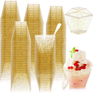 Zhehao 300 Pieces 2 oz Mini Plastic Dessert Cups with Spoons and Lids Small Square Disposable Cups Glitter Clear Banana Pudding Cups Serving Tasting Bowls for Appetizer Birthday Wedding Party(Gold)