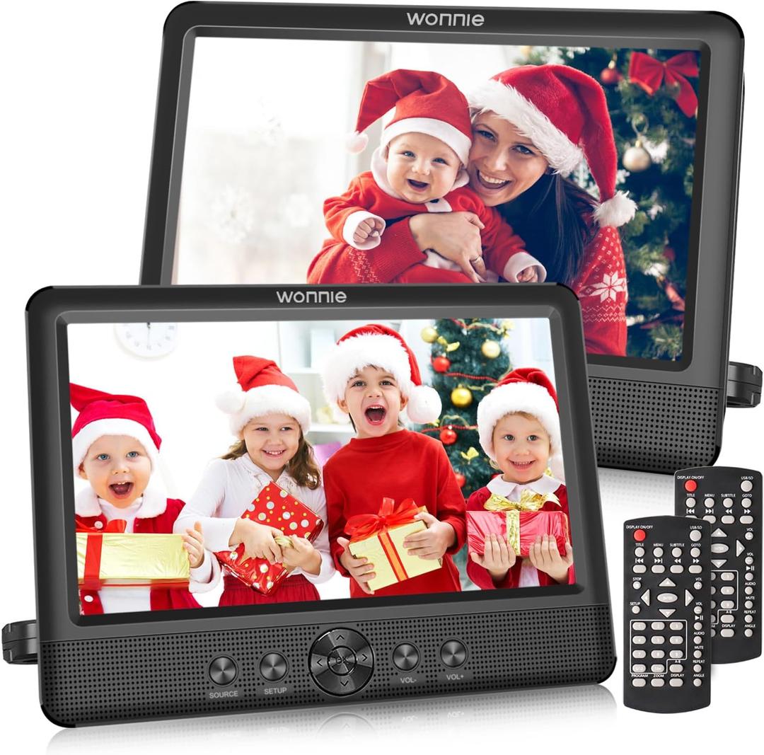WONNIE 10.5" Two Car DVD Players Portable Dual Screen Headrest Video Player, Play a Same or Two Different Movies with 5-Hour Rechargeable Battery,2 AC Adapters,2 Mounting Brackets,Support USB/SD Card