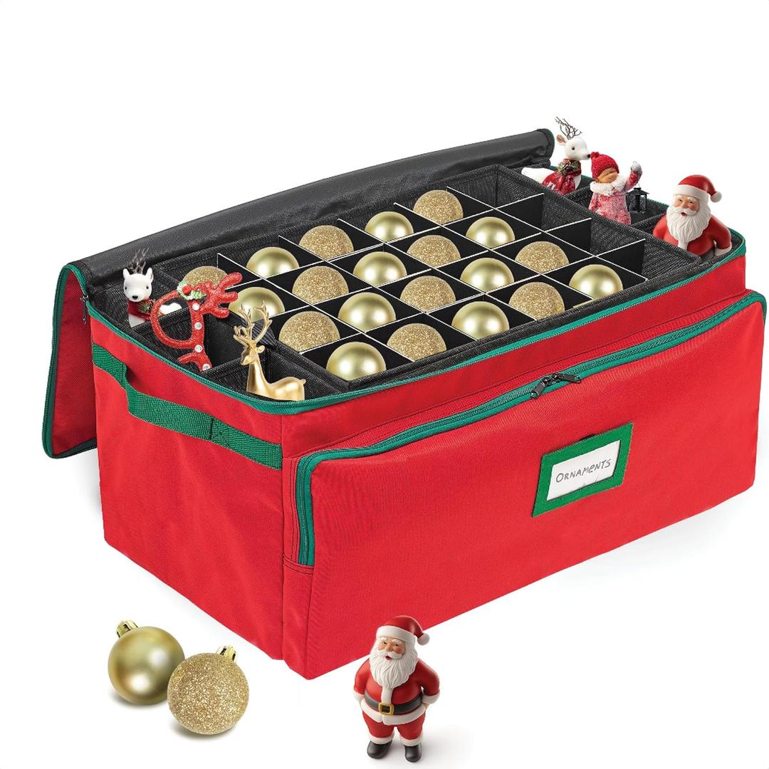 Premium Christmas Ornament Storage Box - Hold Up to 72-3 Inch Ornaments, + 8 Side Slots for Figurines, Nutcrackers, etc. Holiday Decoration Organizer - Quality 600D Canvas for Durability  Red (3" Ornaments)