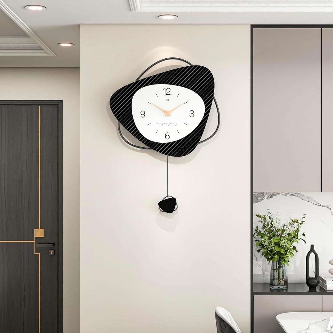 Large Wall Clock for Living Room Decor 16 Inch Black Modern Decorative Wall Clock with Pendulum Non Ticking Battery Operated for Bedroom Kitchen Office Big Silent Metal Clock for Home Decor