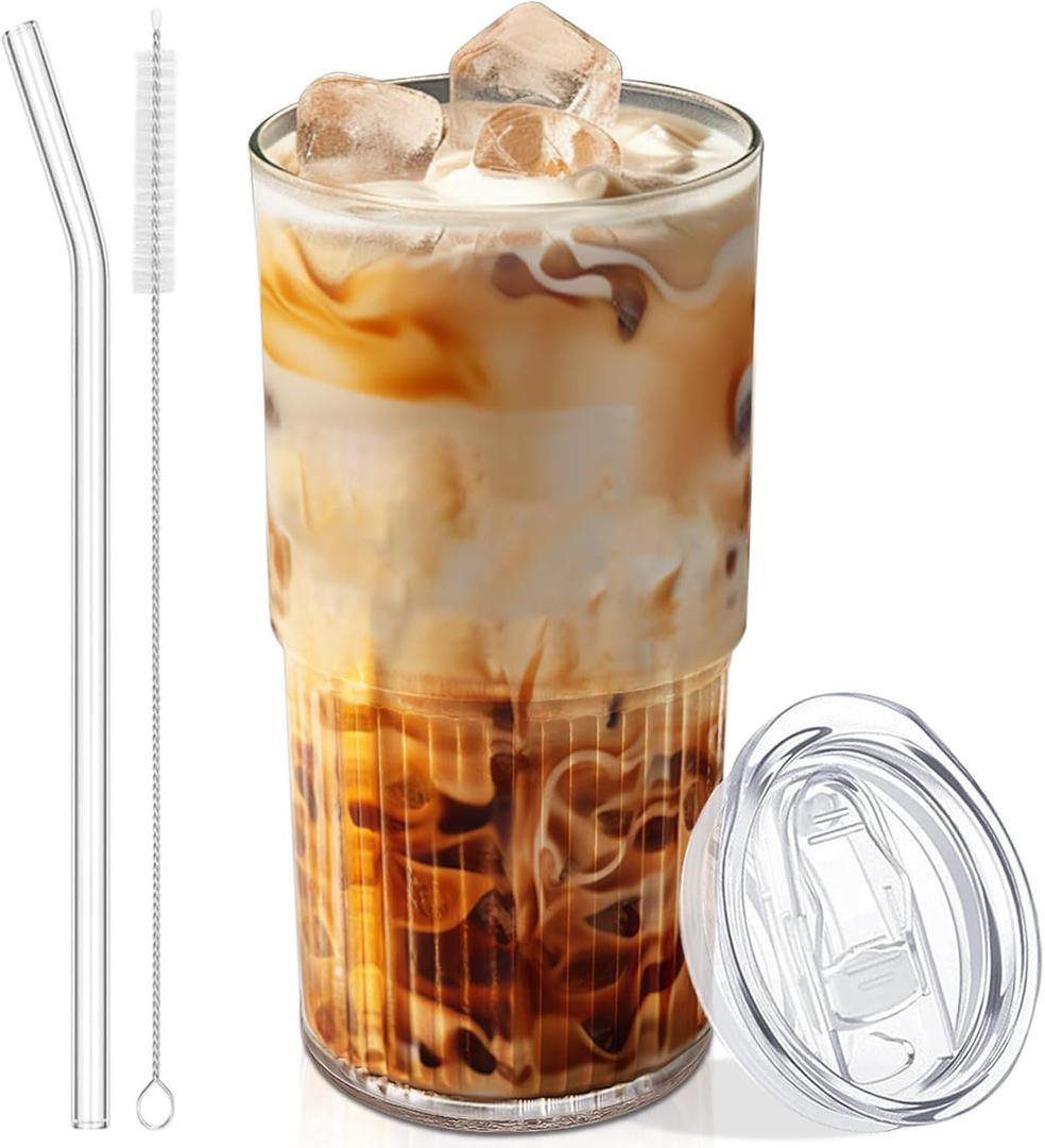 18.5oz Glass Cups with Lids and Straws  Single Reusable Tumbler, Thickened Shatter-Resistant Glass, Ideal for Iced Coffee, Smoothies, Cocktails, Juices  Elegant & Durable Drinkware