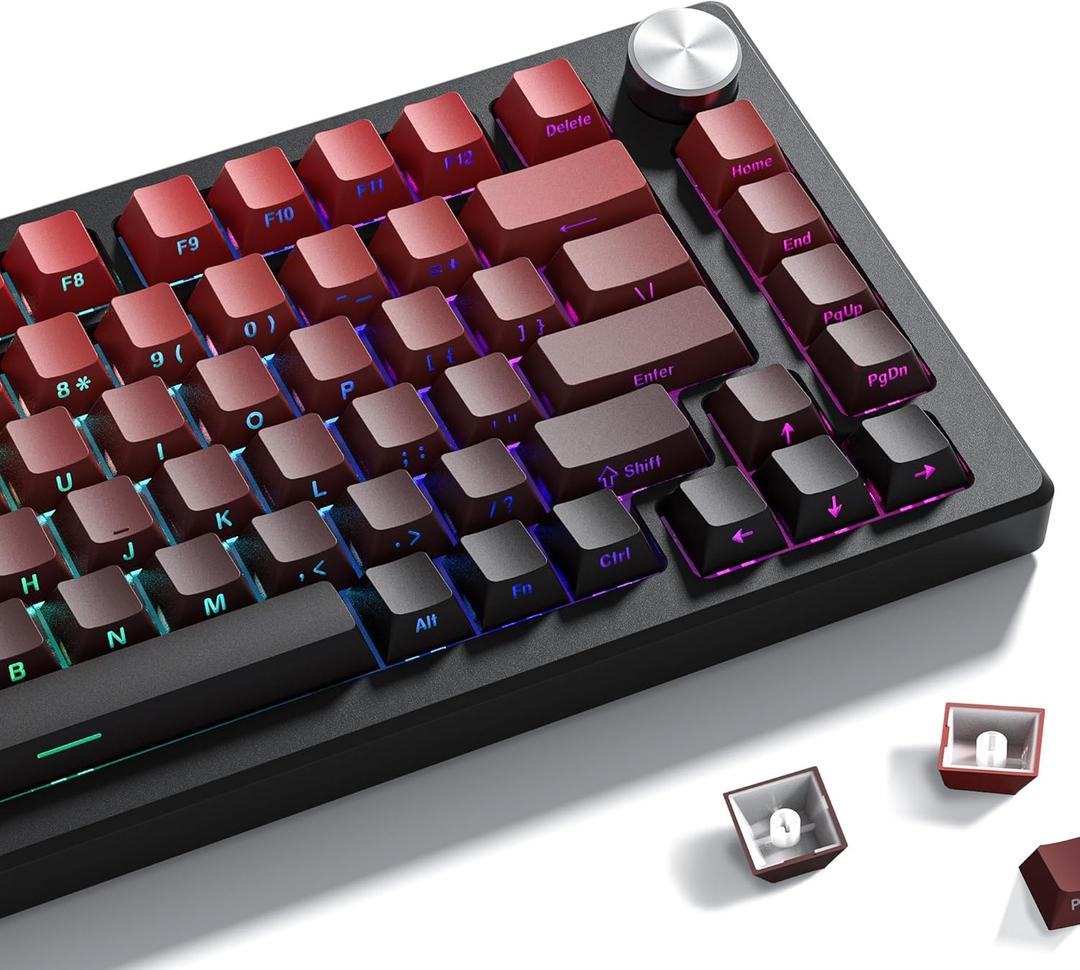 Gradient Side Print Keycaps Red, Double Shot PBT Keycaps 75 Percent,Cherry Profile Shine Through Key Caps, Minimalist Style Custom Keycap Set for Mechanical Keyboards