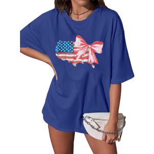 4th of July Shirts Women Patriotic Shirt Oversized American Flag Bow Tshirt Independence Day Short Sleeve Tee Tops, M