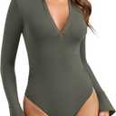 PINKMSTYLE Women Sexy V Neck Long Sleeve Bodysuit Slim Fit Ruched Going Out Y2K Top Flared Sleeve Collared Shirts Fall Outfit (Medium, Gray Green)