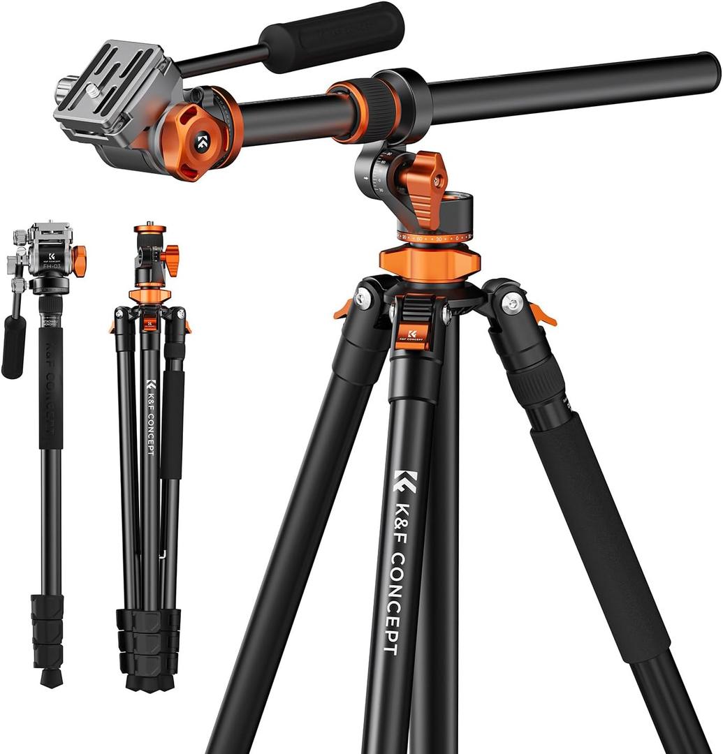 K&F Concept 90 inch/230cm Overhead Camera Tripod, Horizontal Shooting Video Tripods with Fluid Head Heavy Duty 10KG Load Capacity, Detachable Monopod, for Indoor and Outdoor Use T254A7+FH-03