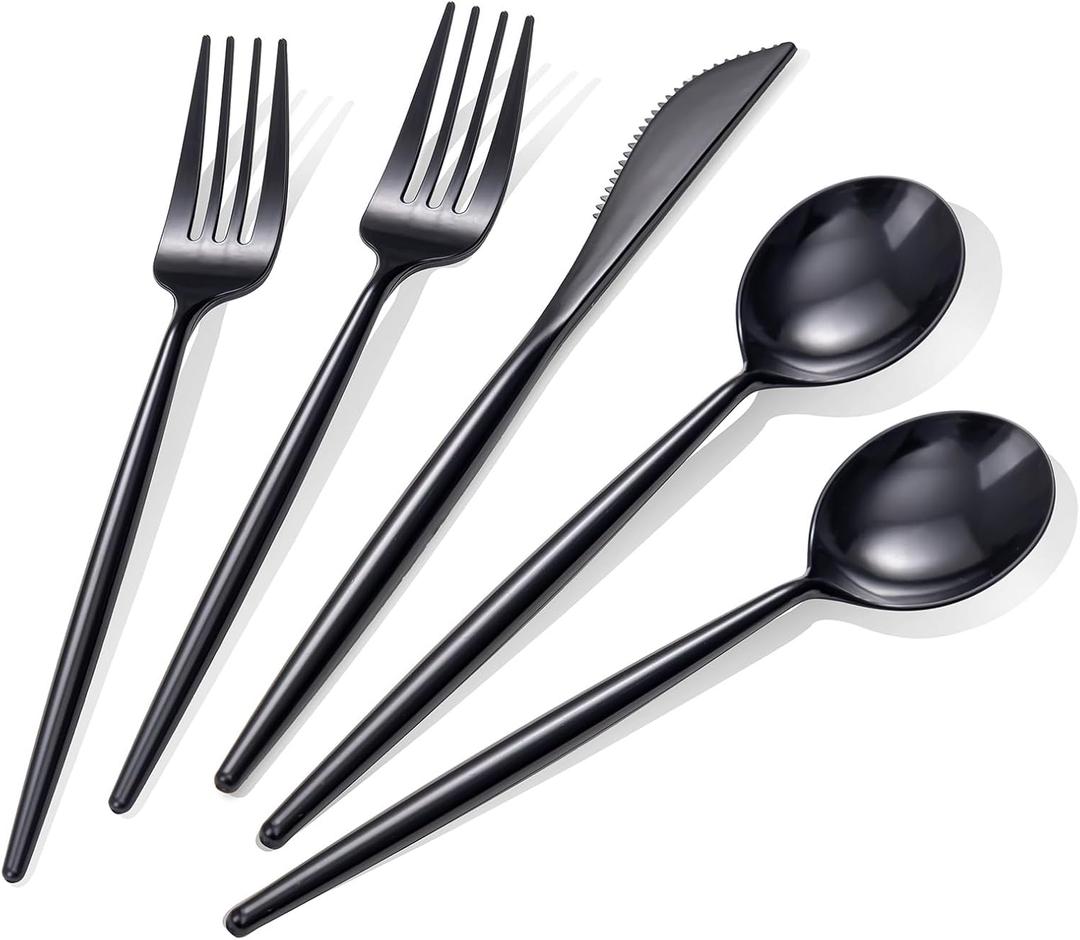 Rubtlamp 90Pcs Plastic Black Silverware, Graduation Disposable Cutlery, Utensils Heavy Duty include 30 Disposable Knives, 60 plastic Forks and Spoons, Black Cutlery For Graduation Party