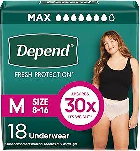 Depend Fresh Protection Adult Diapers, Incontinence & Postpartum Bladder Leak Underwear for Women, Disposable, Maximum, Medium, Blush, 18 Count, 