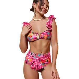 SPORLIKE Women High Waisted Swimsuit Flounce Straps Bikini Bathing Suit (Pink, Large)