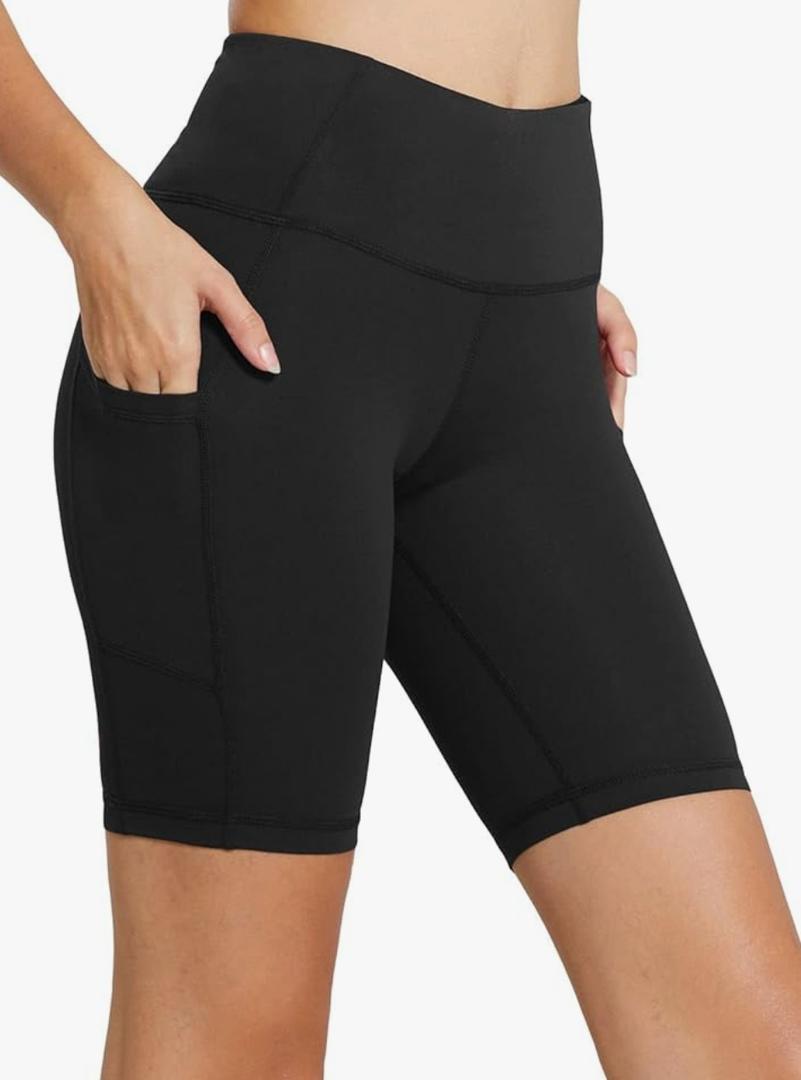 AugIris Womens Biker Shorts with 2 Pockets 8" High Waisted Tummy Control Workout Yoga Running Gym Shorts Black (Pack of 3, Size S)