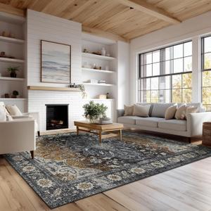 9x12 Area Rug Living Room Rugs, Stain Resistant Washable Rug, Vintage Large Non-Slip Backing, Low Pile Lightweight Print Rug for Bedroom Dining Room Home Office (Tan/Gray)