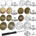 32 Sets Jeans Buttons Replacement, 17 mm and 20 mm No-Sew Removable Metal Buttons Replacement Repair Combo Thread Rivets and Screwdrivers in Storage Box, Women and Men's Jeans Clothing Supplies