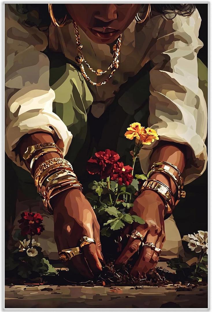 Black Woman Wall Art Black Girl Floral Prints Artwork Fashion Female Art, 16L" x 24W"
