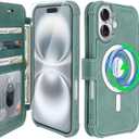 VANAVAGY Compatible for iPhone 16 Wallet Case for Magsafe Wireless Charging, PU Leather Flip Folio Case Strap [Screen Protector & Camera Lens Protector] with RFID Blocking Card Holder, Forest Green