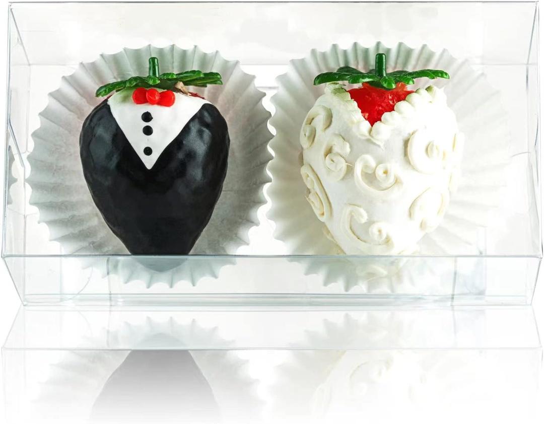 RomanticBaking 100 Pack 4 1/2" x 2 1/4" x 2" Small Chocolate Covered Strawberries Boxes for Mini Cupcakes, Hot Cocoa Bombs, Clear Plastic Party Favors for Christmas