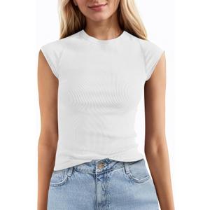 Tankaneo Womens Cap Sleeve Tops Crew Neck Ribbed Knit T Shirt Summer Casual Slim Fit Basic Tees Tshirt (White, L)