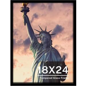 ONE WALL Tempered Glass 18x24 Poster Frame, Black Wood Photo Picture Frame for Wall Vertically or Horizontally Display - Mounting Hardware Included