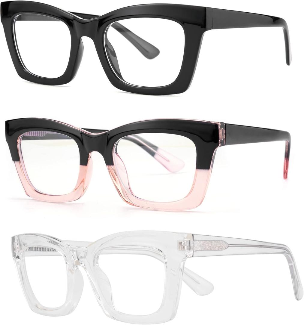 bullabulling 3 pack Oprah style Spring hinge Readers Blue Light Blocking Computer Square Reading Glasses for Women Men (Black/Clear/Blackpink)