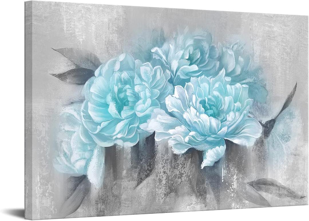 DuoBaorom Large Blue Flowers Canvas Wall Art Abstract Teal Blue Floral Grey Artwork Painting on Canvas for Living Room Kitchen Wall Decor Stretched and Framed Ready to Hang 24x36inch