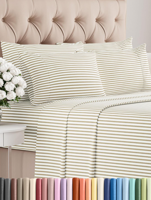 Queen Sheets Set 6 Piece - Bed Sheets Queen Size - Soft Hotel Luxury Bedding - Cooling, Comfy & Breathable - 1 Flat & 1 Fitted & 4 Pillowcases with Deep Pockets - Wrinkle & Fade Free - Beige Stripes