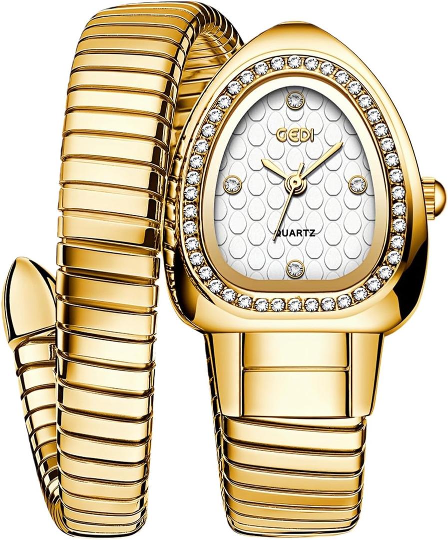 Gosasa Snake Bracelet Watch for Women, Elegant Bangle Wrist Watch with Flexible Wrap Strap Design, Fashion Jewelry Style Quartz Watch, Adjustable Cuff Watch for Dress & Gift (Gold White)