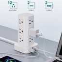 Power Strip Tower Surge Protector, 6FT Flat Plug Extension Cord with Multiple Outlets, 12 AC Outlets 4 USB (2 USB C), Desktop Charging Station with Surge Protection for Home Office Dorm Room, White