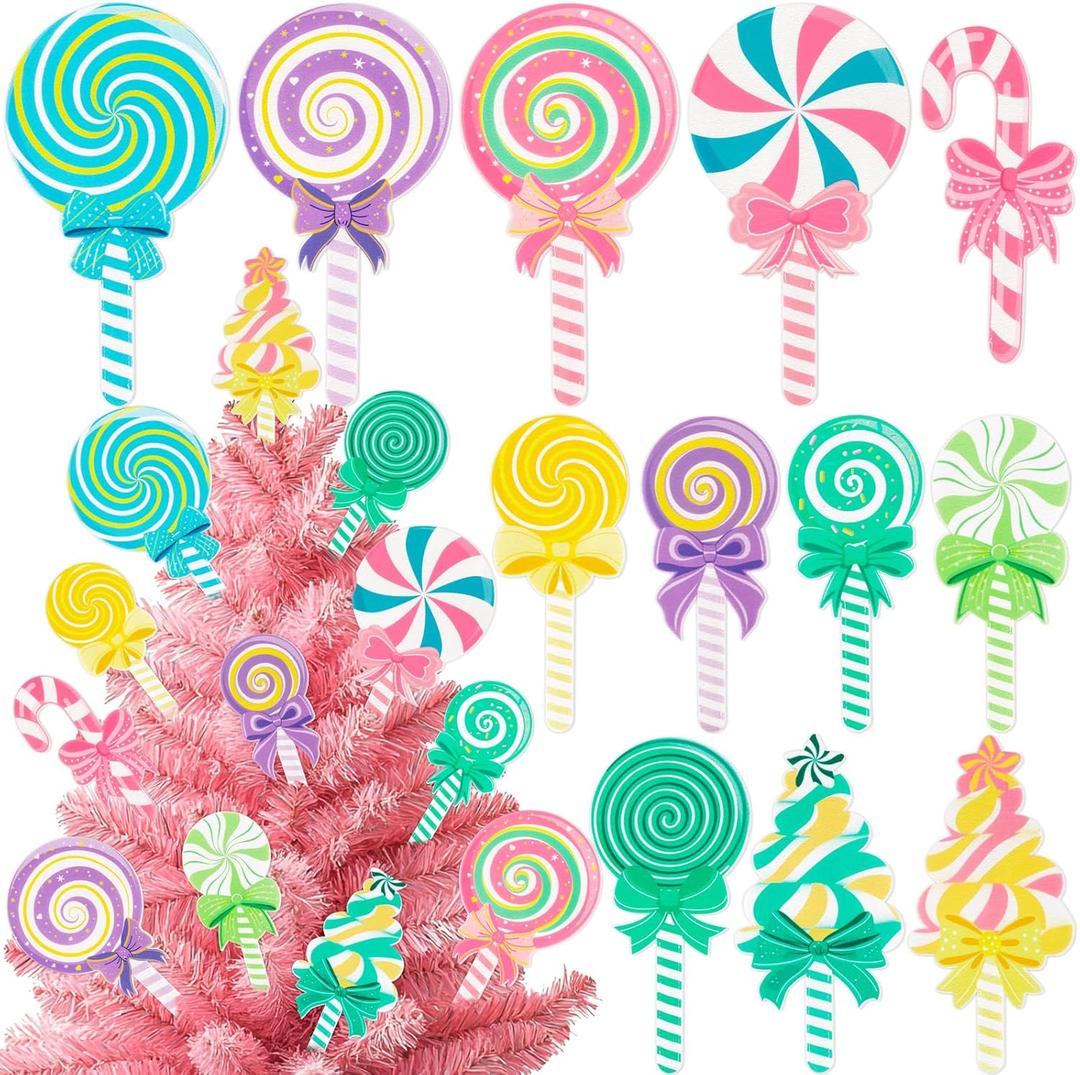 12 PCS Christmas Candyland Decorations Color Felt Candy Cane Peppermint Lollipop Ornaments Xmas Tree Topper Picks Holiday Party Decor Supplies
