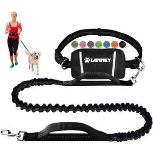 Hands Free Dog Leash, Waist Running Leash with Zipper, Walking Pouch for Medium Large Dogs, Dual Handle and Retractable Bungee for Training Jogging Hiking (Black/Black)